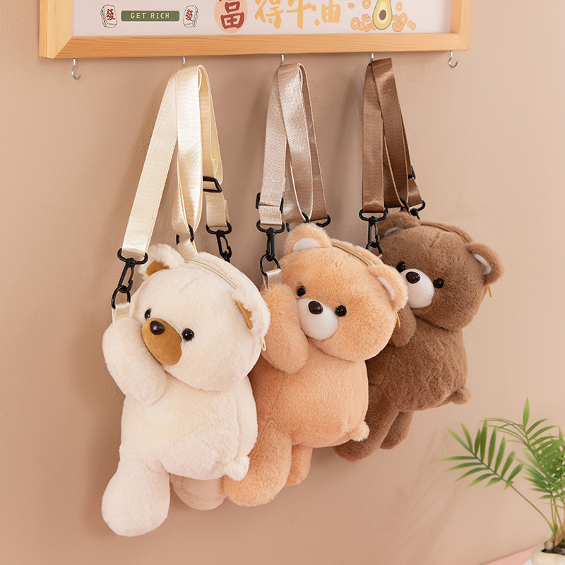 Cute teddy bear plush toy figurines, crossbody bags, single-shoulder and double-shoulder bags for girls, wholesale of one piece full figure