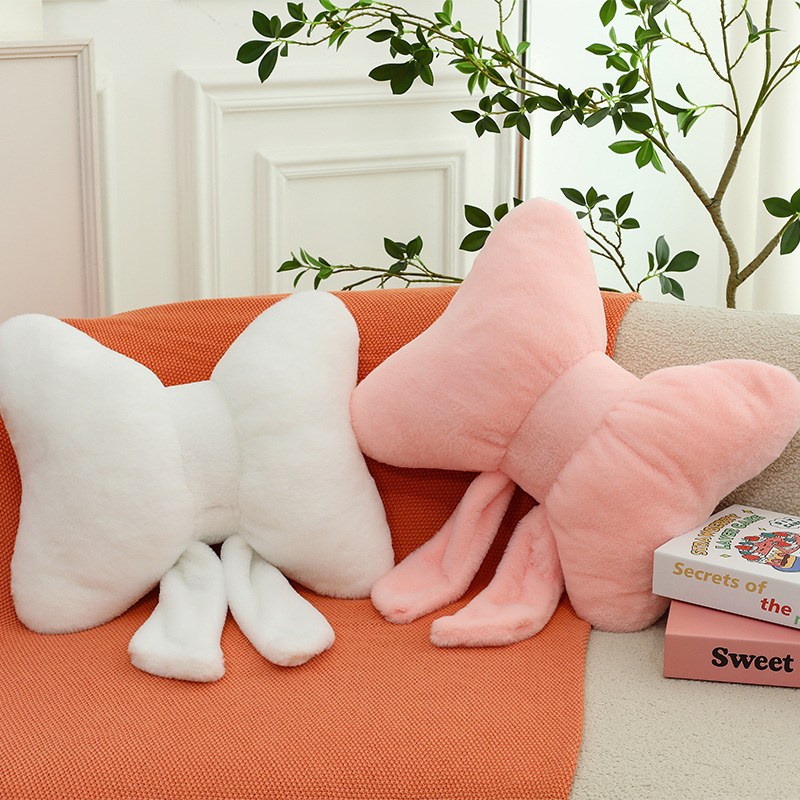 Nordic-style sandy hair throw pillow, rabbit hair soft and comfortable seat cushion, solid color simple bow ribbon dormitory cushion full figure