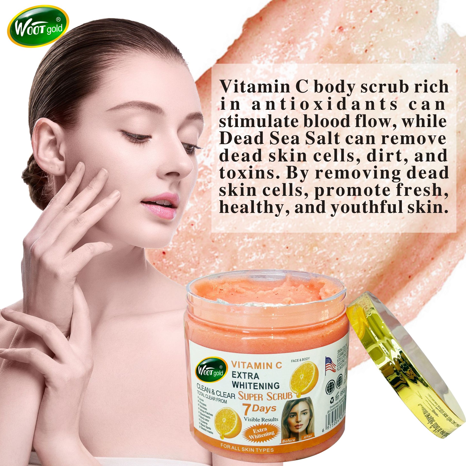 Cross-border VITAMIN C Scrub 650g Exfoliating, Moisturizing and nourishing Body Bath salt Scrub export Application Scenario