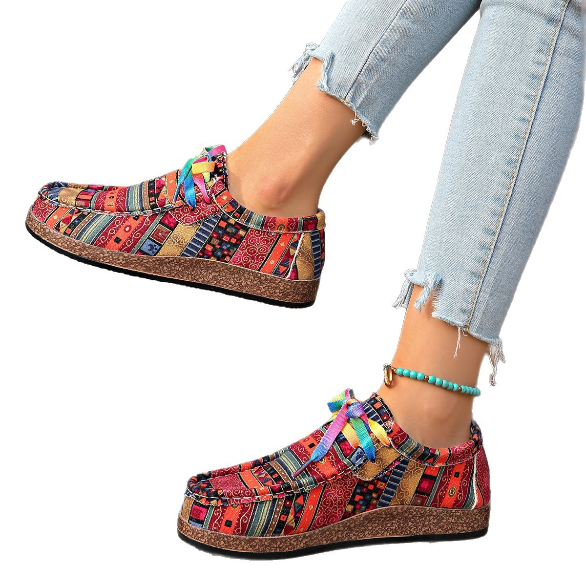 Cross-border trade large-sized ethnic style casual single shoes for women, colorful lace-up graffiti low-top canvas shoes, flat single shoes Item Picture