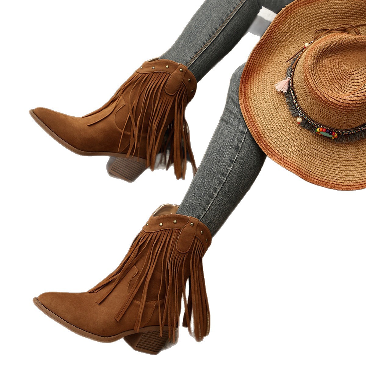 European and American plus-size boots women's 2025 autumn/winter new rivet western thick-heeled fringed boots cross-border export pointed short top Item Picture