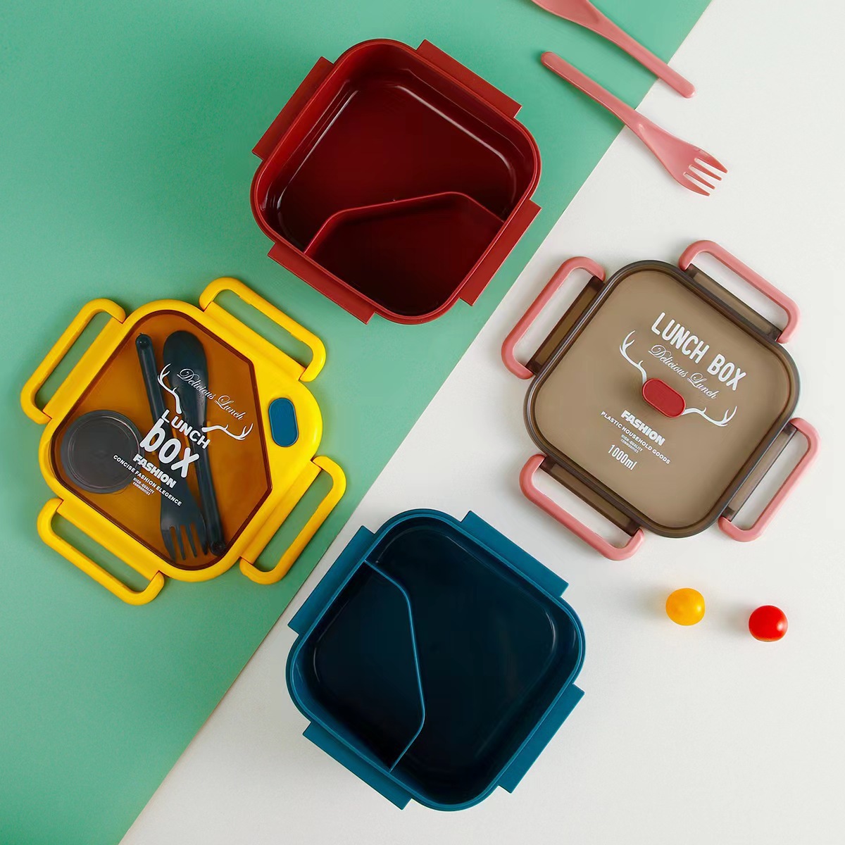 日式简约高颜值PP饭盒带餐具微波炉可用上班族便携午餐盒