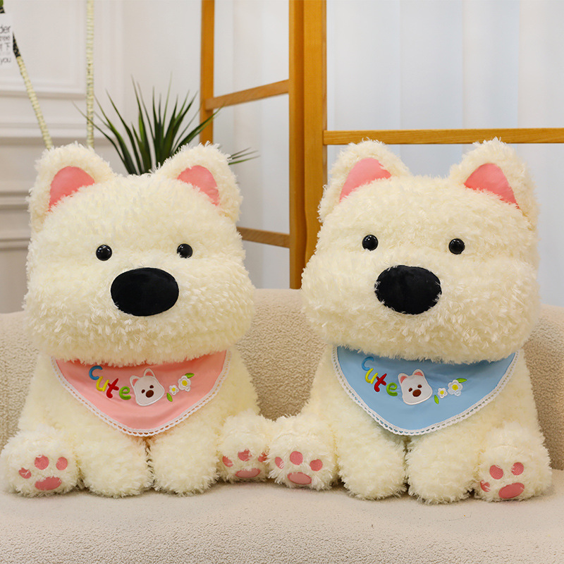 A cute seated West Highland dog plush toy doll, a bib dog doll, as a birthday gift for your boyfriend or girlfriend full figure