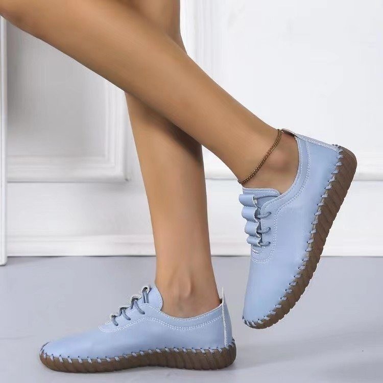 Single-shoe women's 2022 Spring new large-sized women's shoes, round toe lace-up casual shoes, mom's flat and light bean shoes details Picture