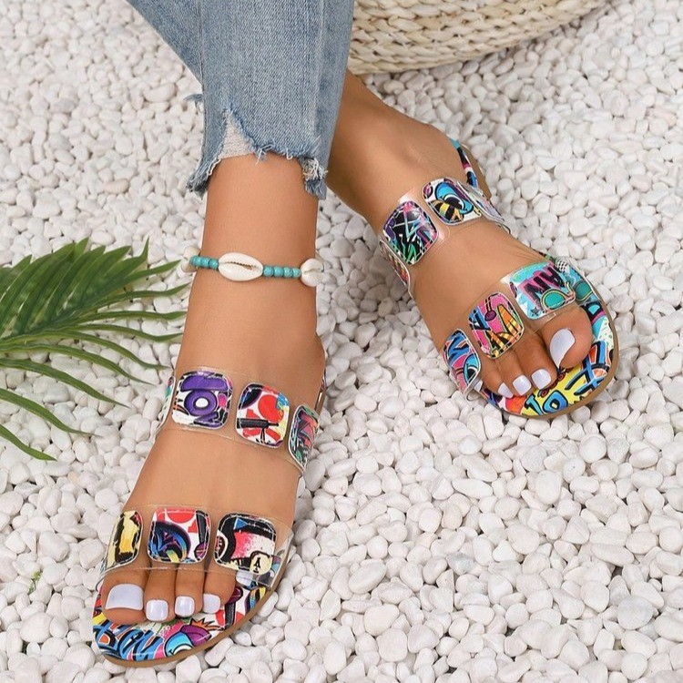 The new summer style of large-sized women's slippers for export in 2025, featuring flat, printed, open-toe Bohemian ethnic style Specification drawing