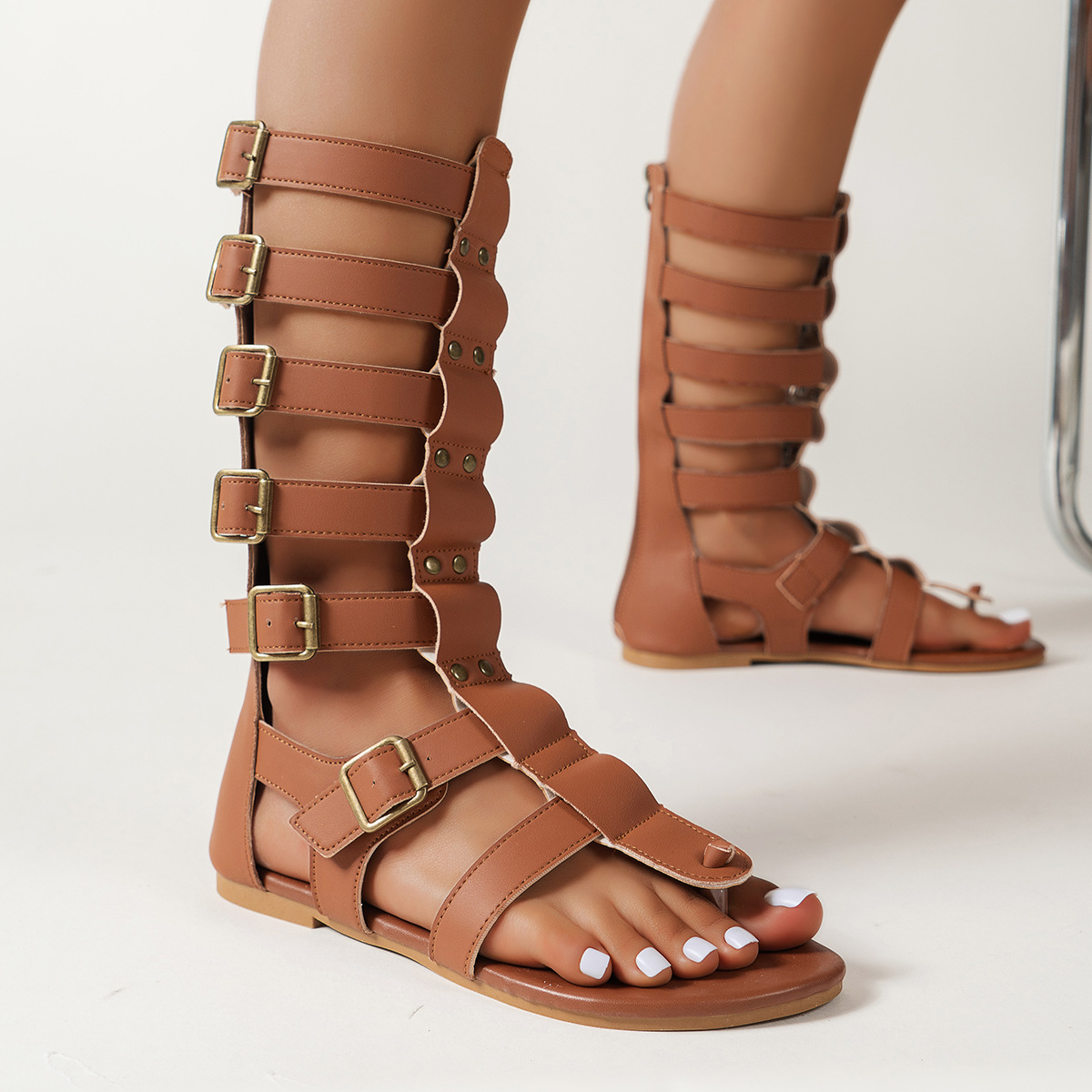 Sexy rear zipper women's cool boots 2025 summer new style sandals with toe clipping, high top flat belt buckle, Roman cool boots for women details Picture