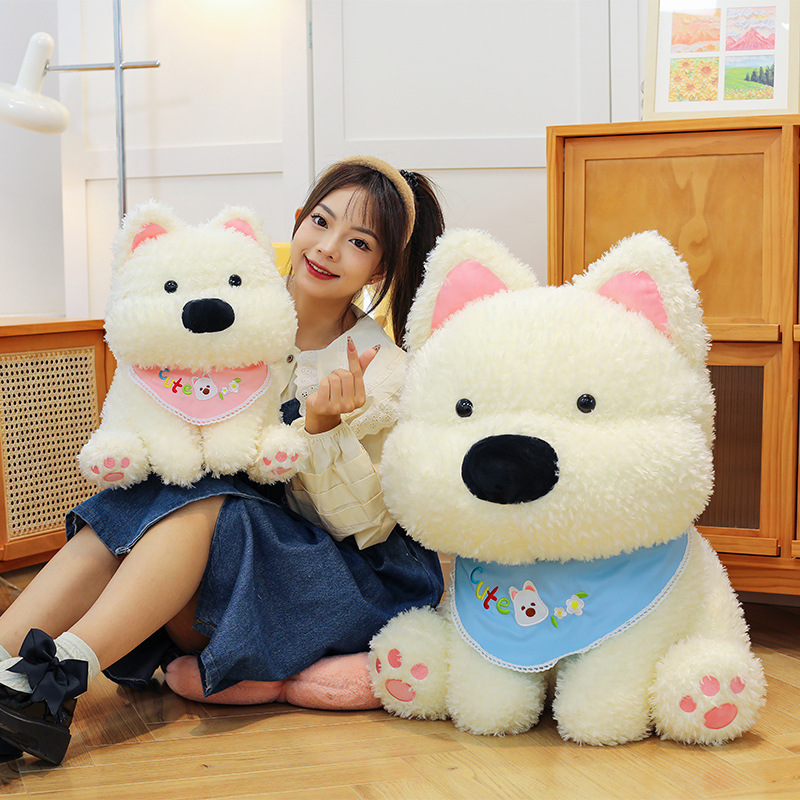 A cute seated West Highland dog plush toy doll, a bib dog doll, as a birthday gift for your boyfriend or girlfriend Specification drawing