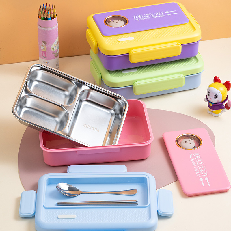 New type of lunch box: three-compartment stainless steel student large-capacity compartments lunch box, children's cartoon bento box Application Scenario