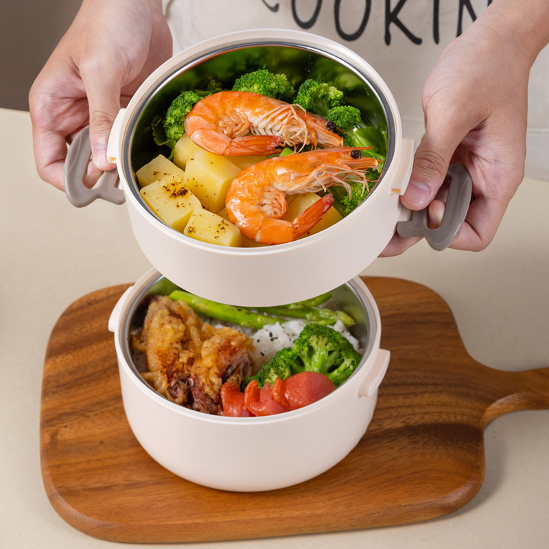 Portable double-layer round lunch box, suitable for office workers in microwave oven, large-capacity stainless steel multi-layer lunch bucket, double-layer bento box details Picture