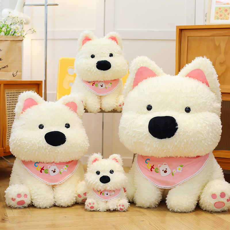 A cute seated West Highland dog plush toy doll, a bib dog doll, as a birthday gift for your boyfriend or girlfriend Application Scenario
