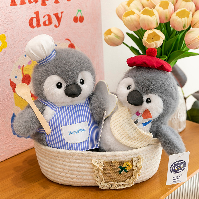 "Internet celebrity genuine painter chef penguin plush toy, fishing penguin doll, birthday and Christmas gift for girls. details Picture