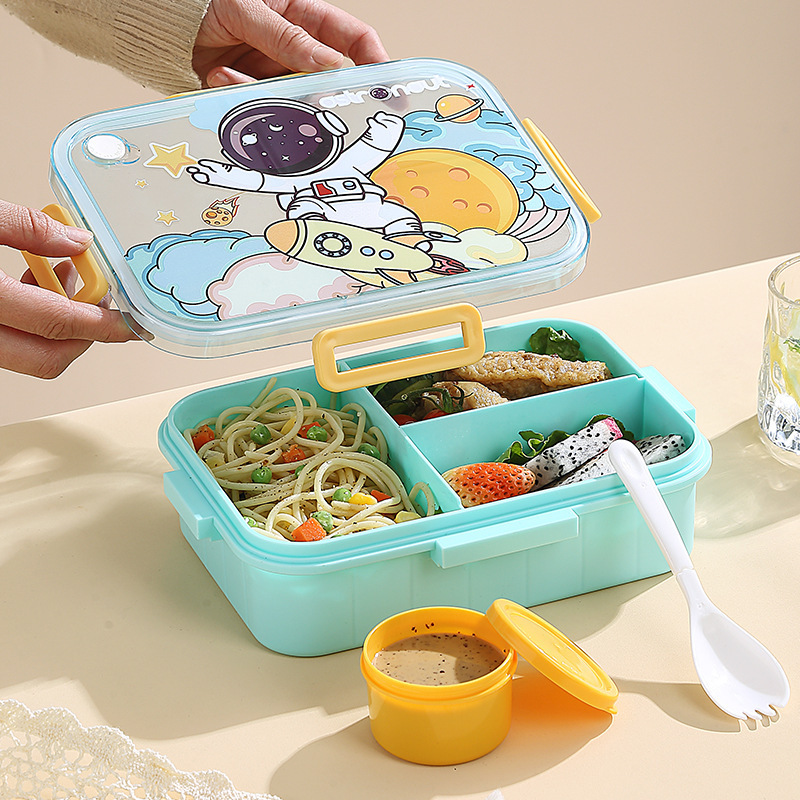 Cartoon three-compartment lunch box with spoon, salad bowl, sealed bento, fresh-keeping lunch box, microwave-heated student lunch box Item Picture