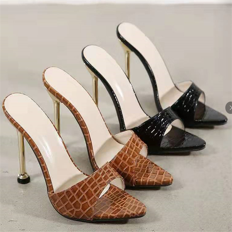 Cross-border 2023 new style European and American sexy snake-skin pattern pointed-toe stiletto flip-flops simple solid color plus-size banquet shoes Specification drawing