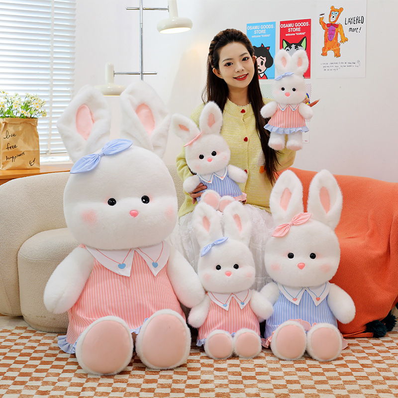 A new and cute jk vertical striped dress, a little white rabbit plush toy, and couple rabbit dolls are perfect birthday gifts for girls and children Application Scenario