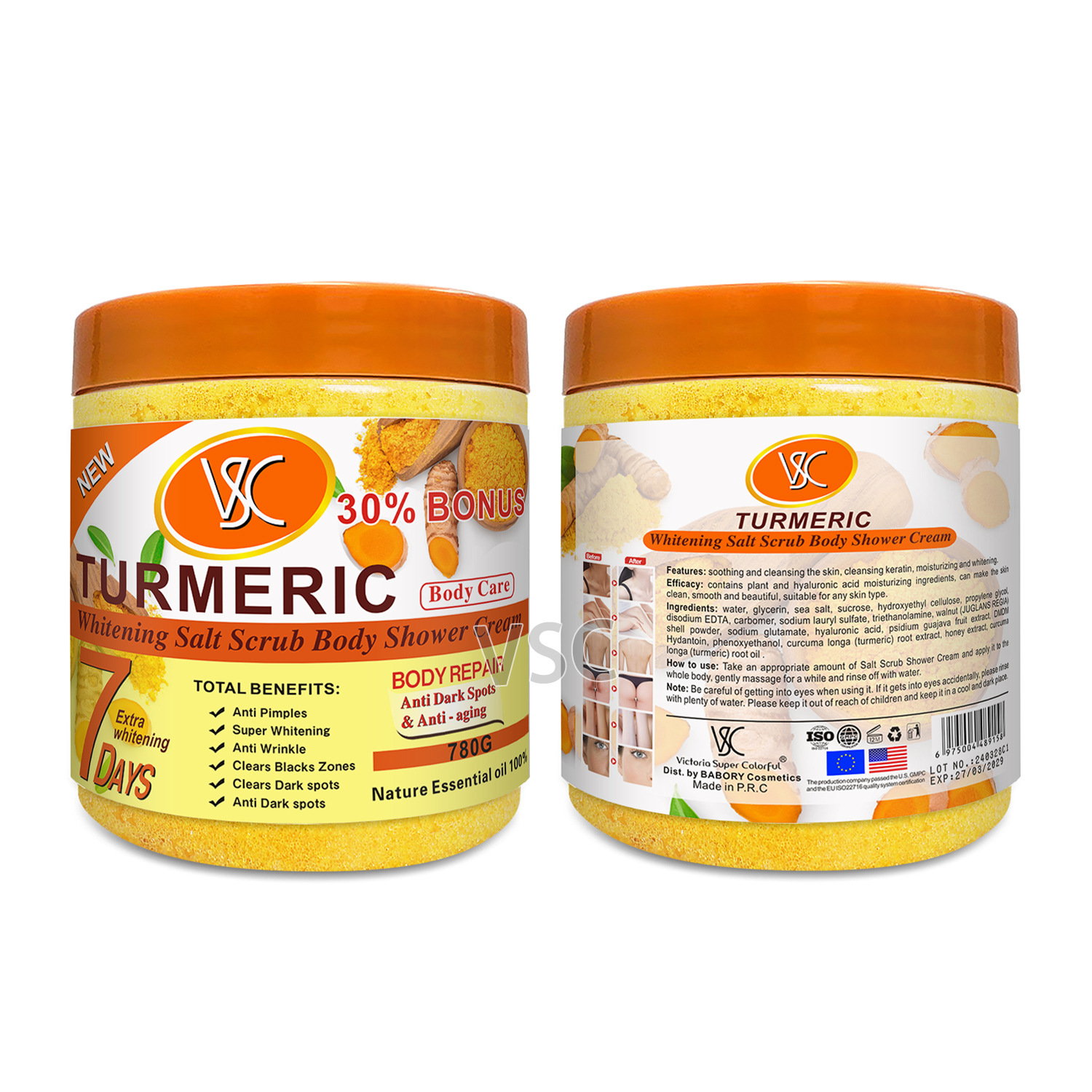 Cross-border turmeric body Scrub softens keratin, removes chicken skin, moisturizes and brightens the skin, cleanses bath, wet bath salt 780g Specification drawing