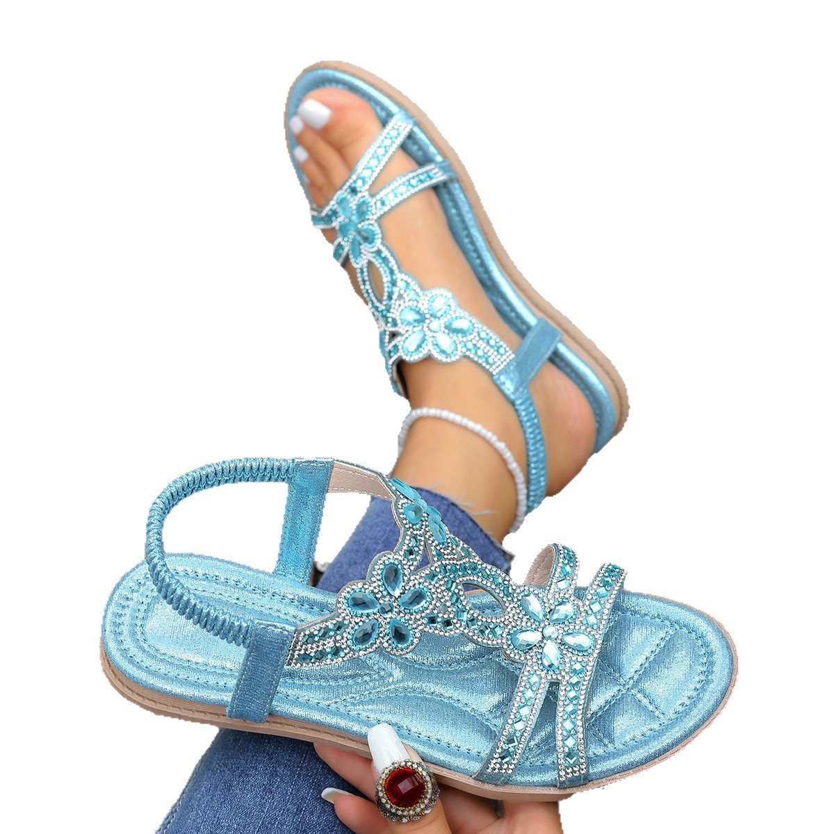 Spring 2025 new cross-border large-sized flat sandals, flower-patterned rhinestone sandals, open-toe outerwear beach sandals Item Picture