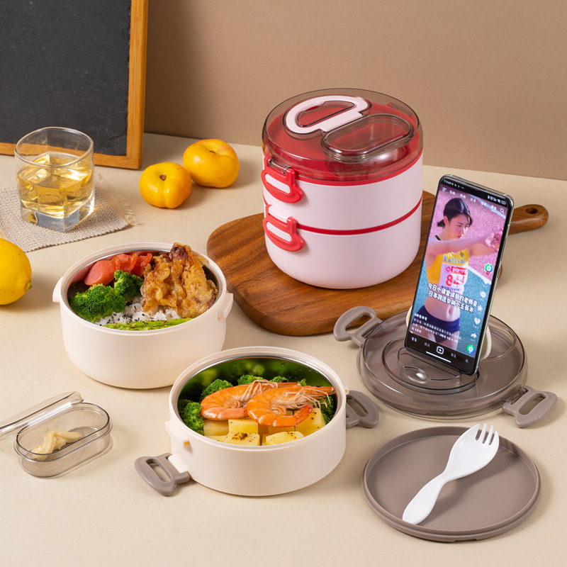 Portable double-layer round lunch box, suitable for office workers in microwave oven, large-capacity stainless steel multi-layer lunch bucket, double-layer bento box Item Picture