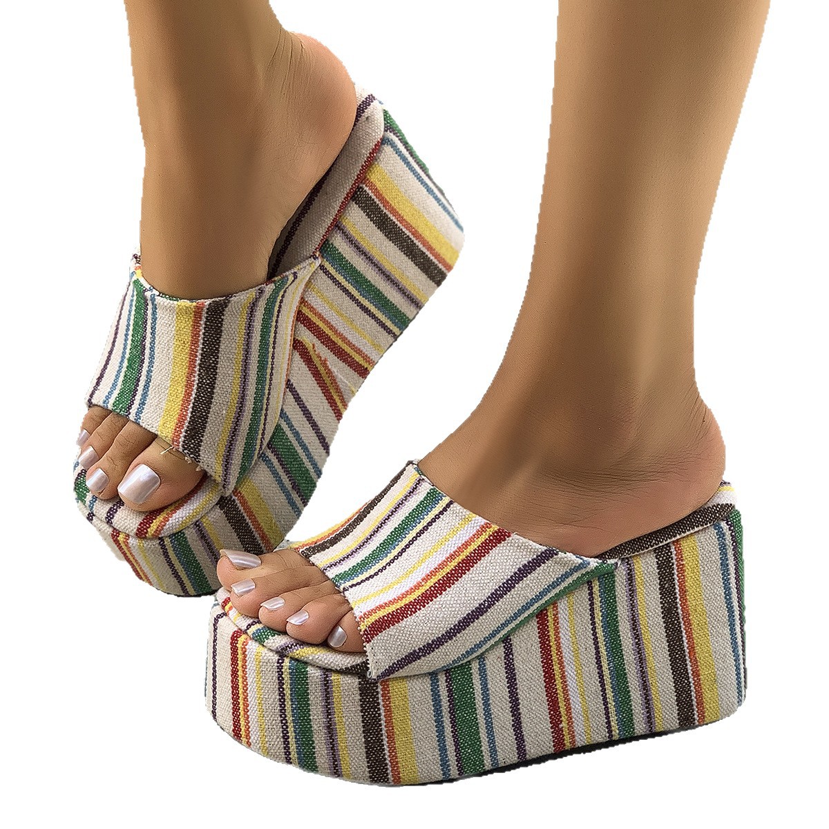Cross-border colorful European and American wedge sandals for women in the summer of 2025, large-sized one-shoulder sandals with thick soles and high height Item Picture