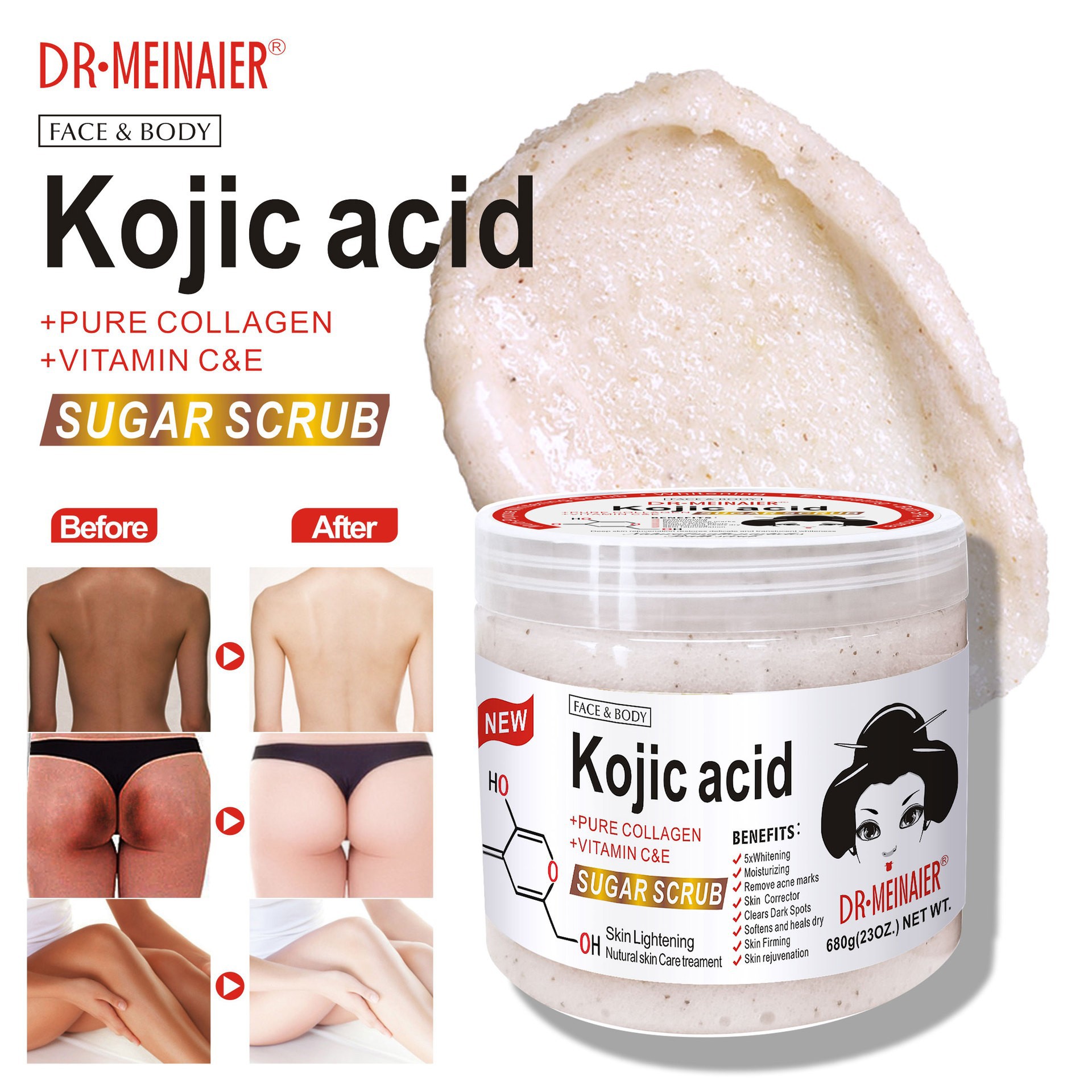 Cross-border Kojic acid Bath Salt Brightening Moisturizing Scrub Deep Exfoliation and chicken Skin Removal Kojic Acid Grinding Sugar 680g Specification drawing