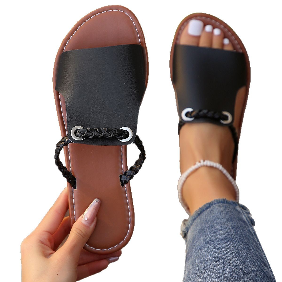 25 Summer new export large-sized women's flat flip-flops, European and American casual fish-mouth woven outerwear flip-flops Item Picture