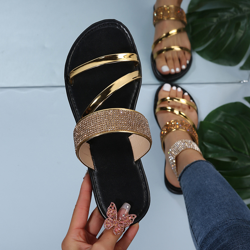 Amazon European and American large-sized one-piece flip-flops for women, fashionable rhinestone outdoor summer breathable rhinestone casual flip-flops full figure