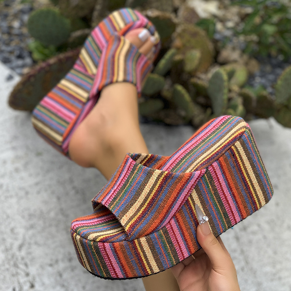 Cross-border colorful European and American wedge sandals for women in the summer of 2025, large-sized one-shoulder sandals with thick soles and high height Specification drawing