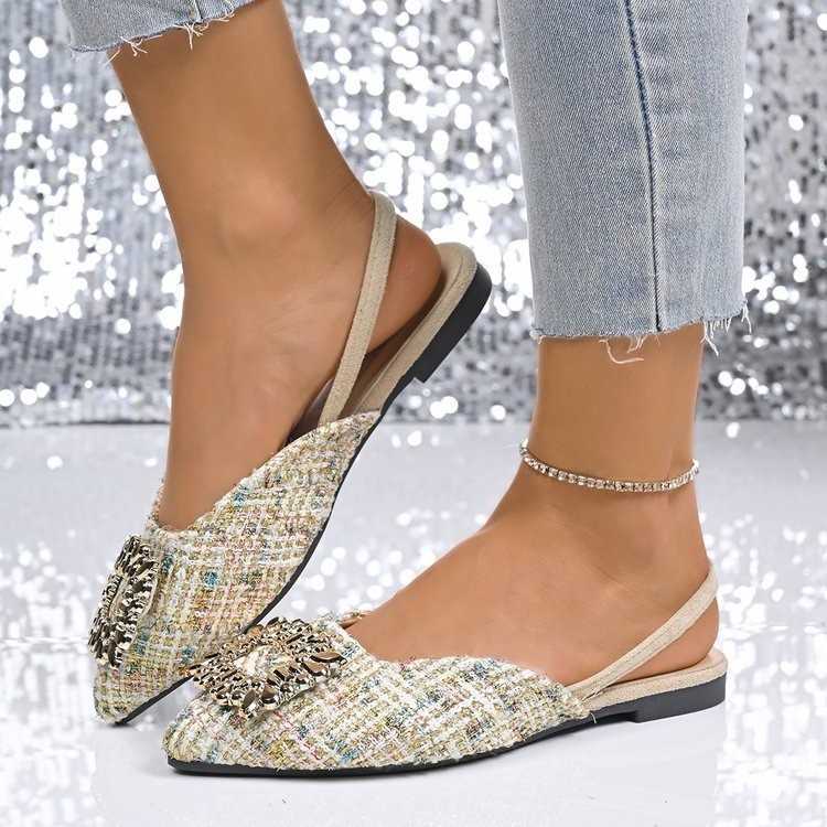 Women's 2025 new summer water diamond square buckle fairy style backheel French low-heeled pointed-toe single shoe details Picture