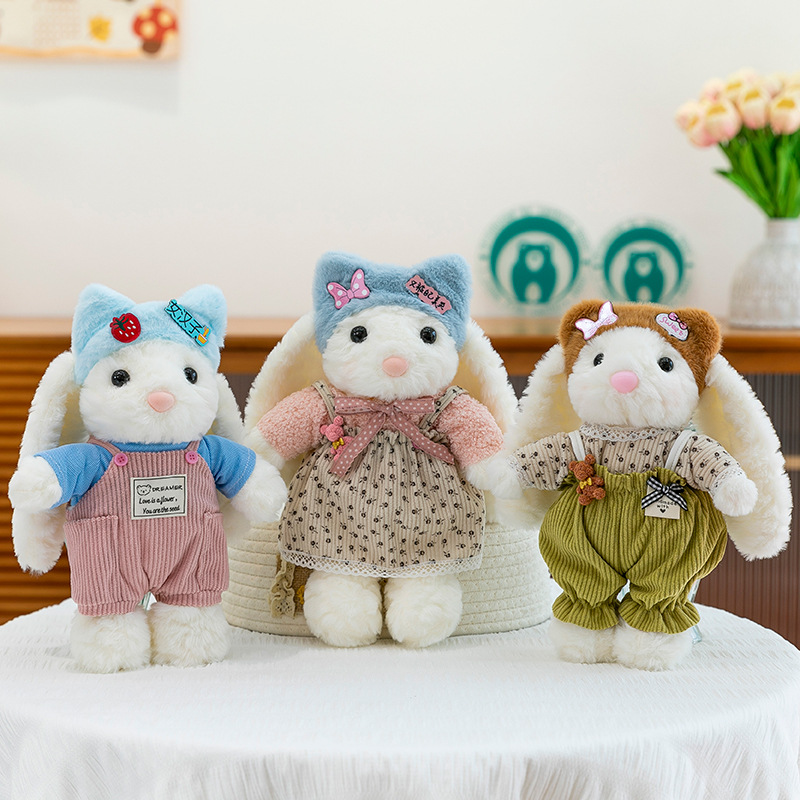 New cross-border dress, little rabbit plush toy, cartoon overalls, long-eared rabbit doll, soothing doll details Picture