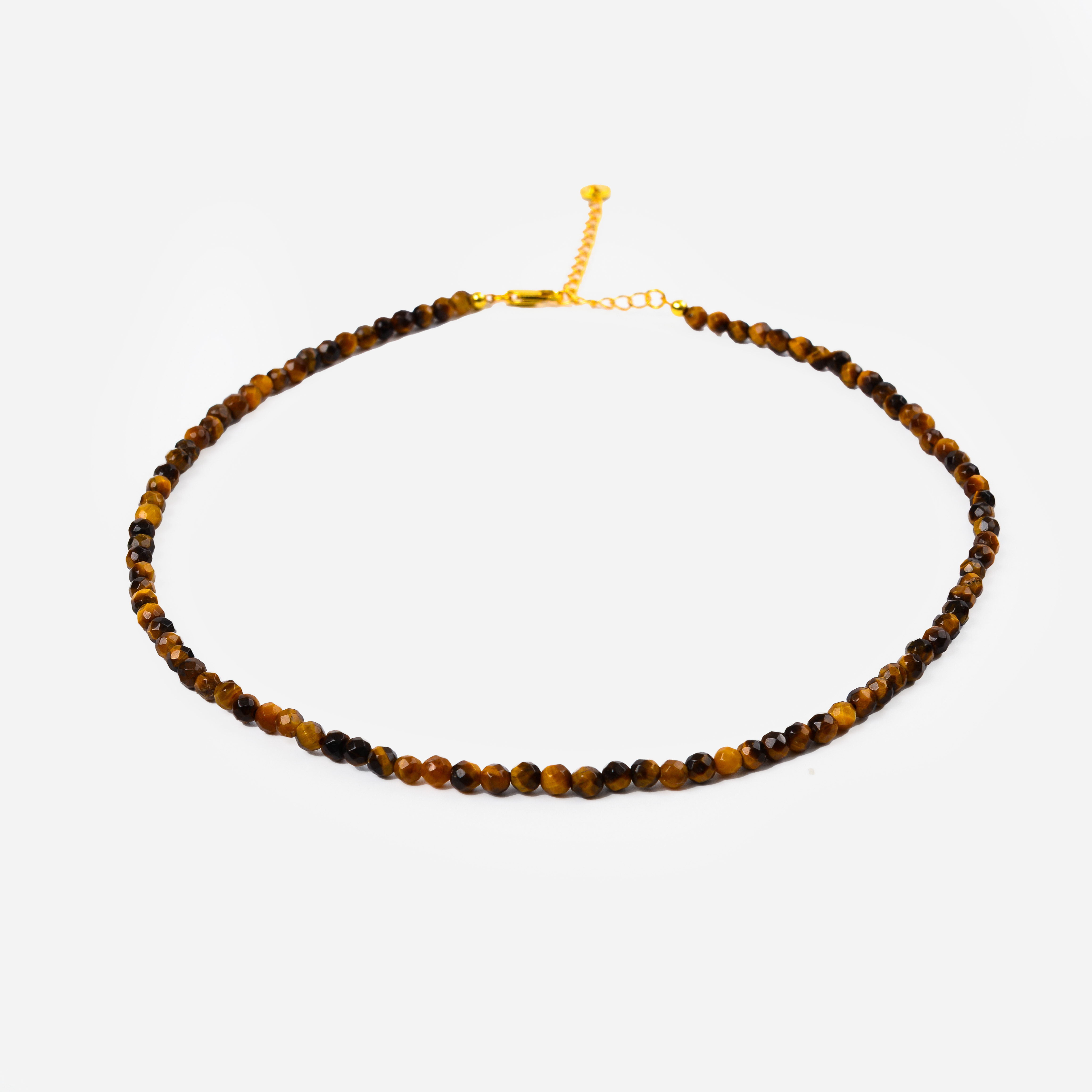 High-end Maillard brown natural tiger's eye bead necklace, pure silver feminine round bead collarbone chain for spring and summer