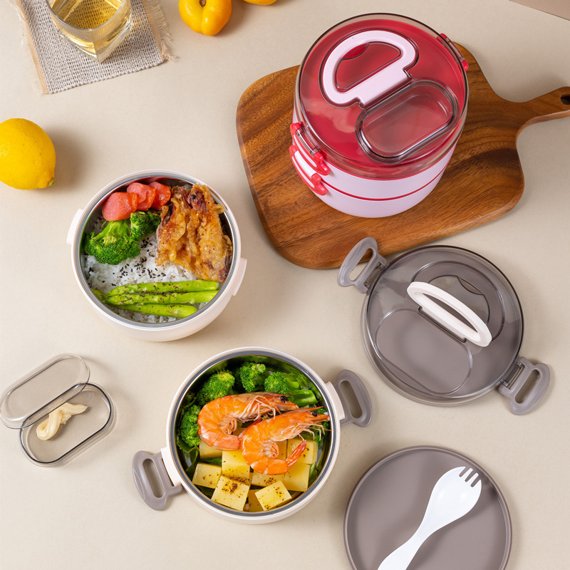 Portable double-layer round lunch box, suitable for office workers in microwave oven, large-capacity stainless steel multi-layer lunch bucket, double-layer bento box Specification image