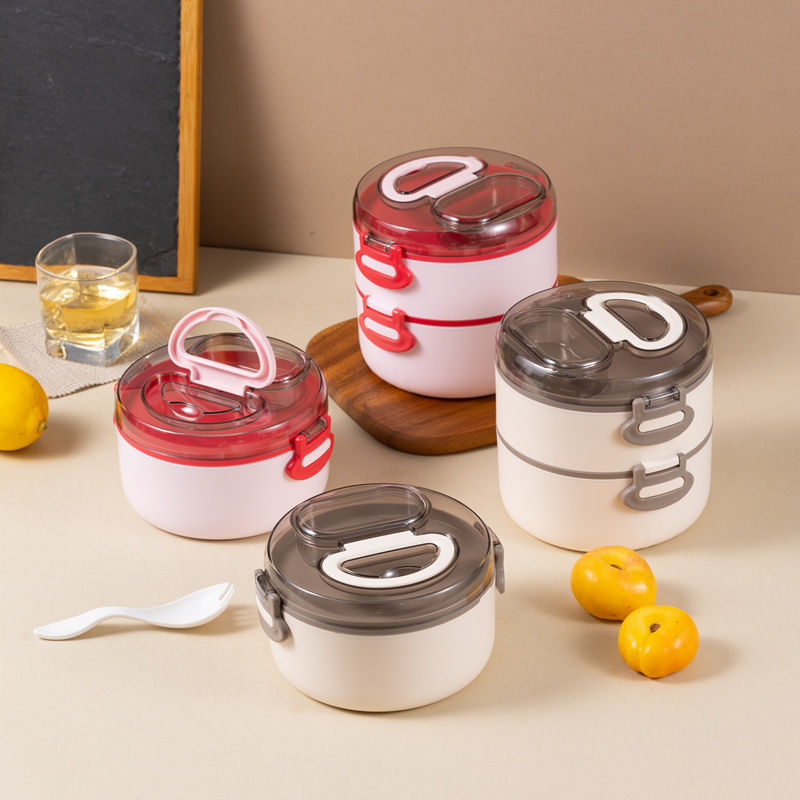 Portable double-layer round lunch box, suitable for office workers in microwave oven, large-capacity stainless steel multi-layer lunch bucket, double-layer bento box