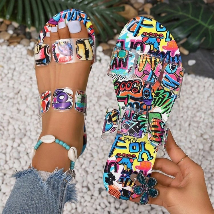 The new summer style of large-sized women's slippers for export in 2025, featuring flat, printed, open-toe Bohemian ethnic style details Picture