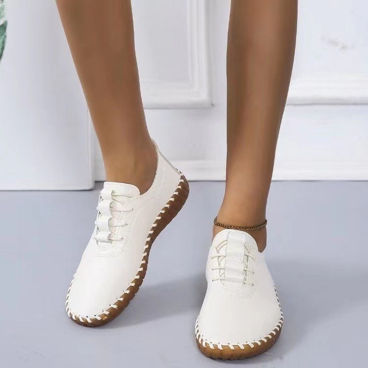 Single-shoe women's 2022 Spring new large-sized women's shoes, round toe lace-up casual shoes, mom's flat and light bean shoes full figure