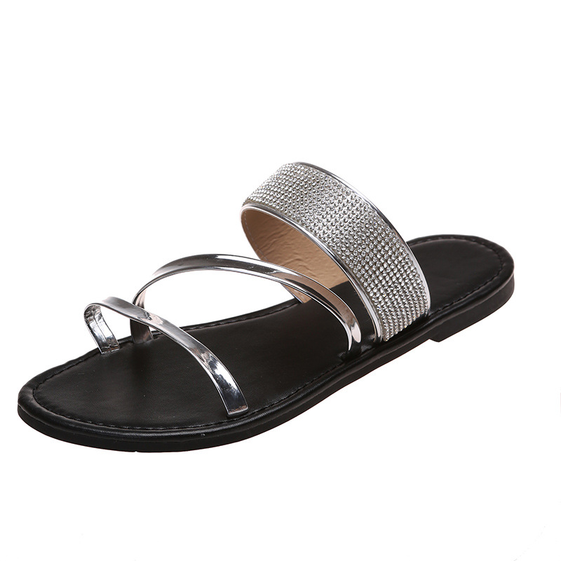 Amazon European and American large-sized one-piece flip-flops for women, fashionable rhinestone outdoor summer breathable rhinestone casual flip-flops Item Picture