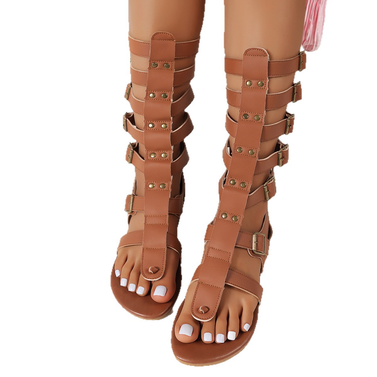 Sexy rear zipper women's cool boots 2025 summer new style sandals with toe clipping, high top flat belt buckle, Roman cool boots for women Item Picture