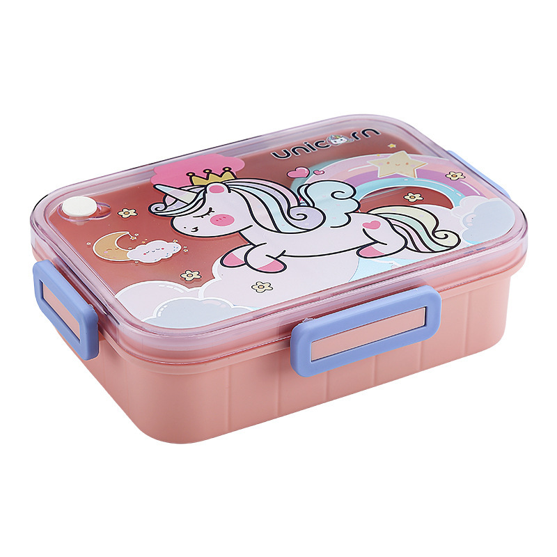 Cartoon three-compartment lunch box with spoon, salad bowl, sealed bento, fresh-keeping lunch box, microwave-heated student lunch box details Picture