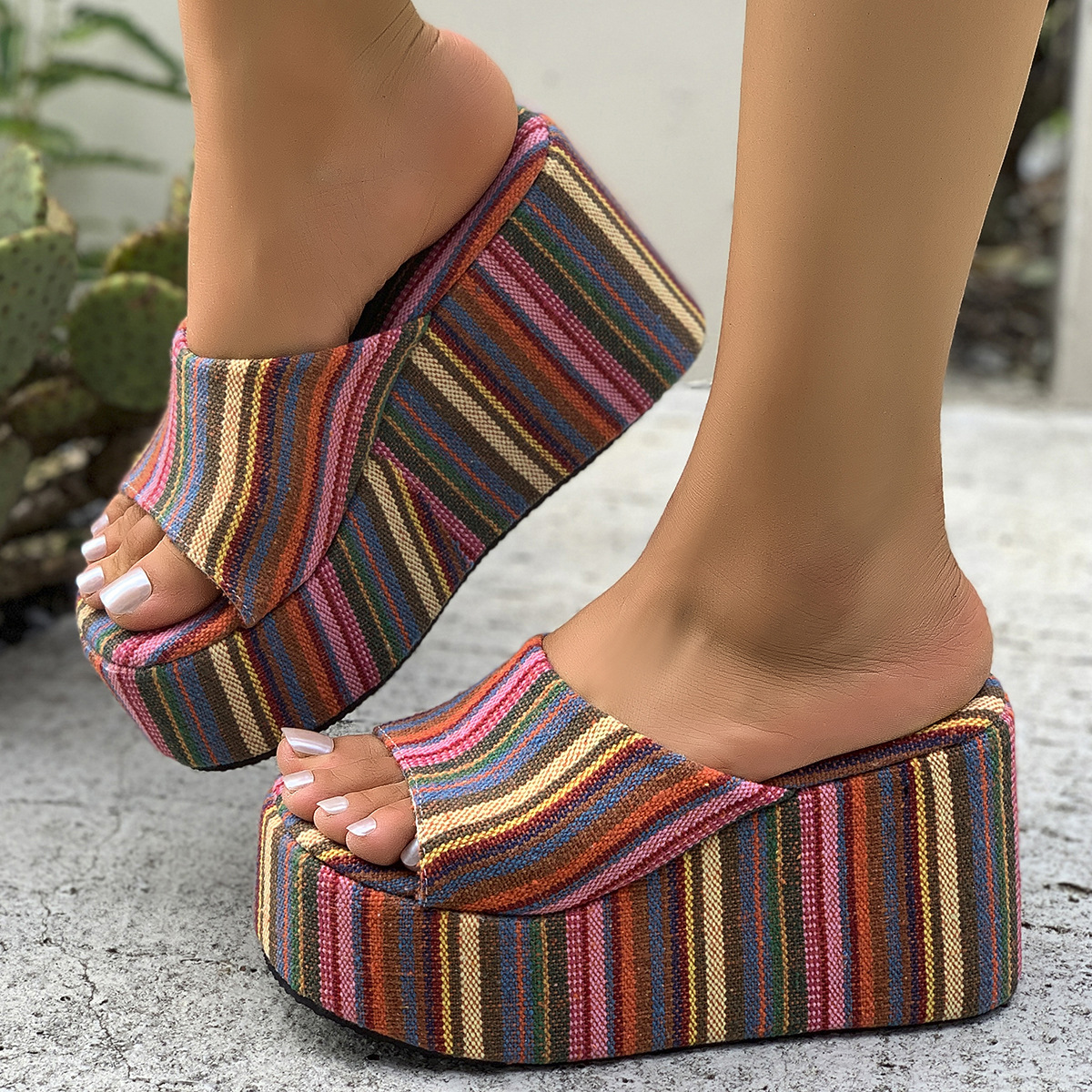 Cross-border colorful European and American wedge sandals for women in the summer of 2025, large-sized one-shoulder sandals with thick soles and high height full figure