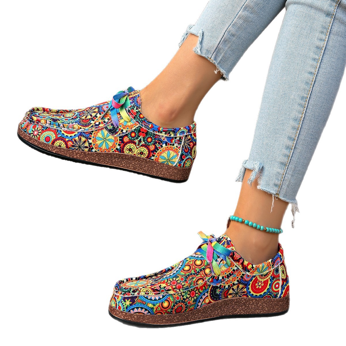 2025 Foreign trade new large-sized lace-up color low-top single shoes, women's ethnic style graffiti lazy person canvas flat flat Item Picture