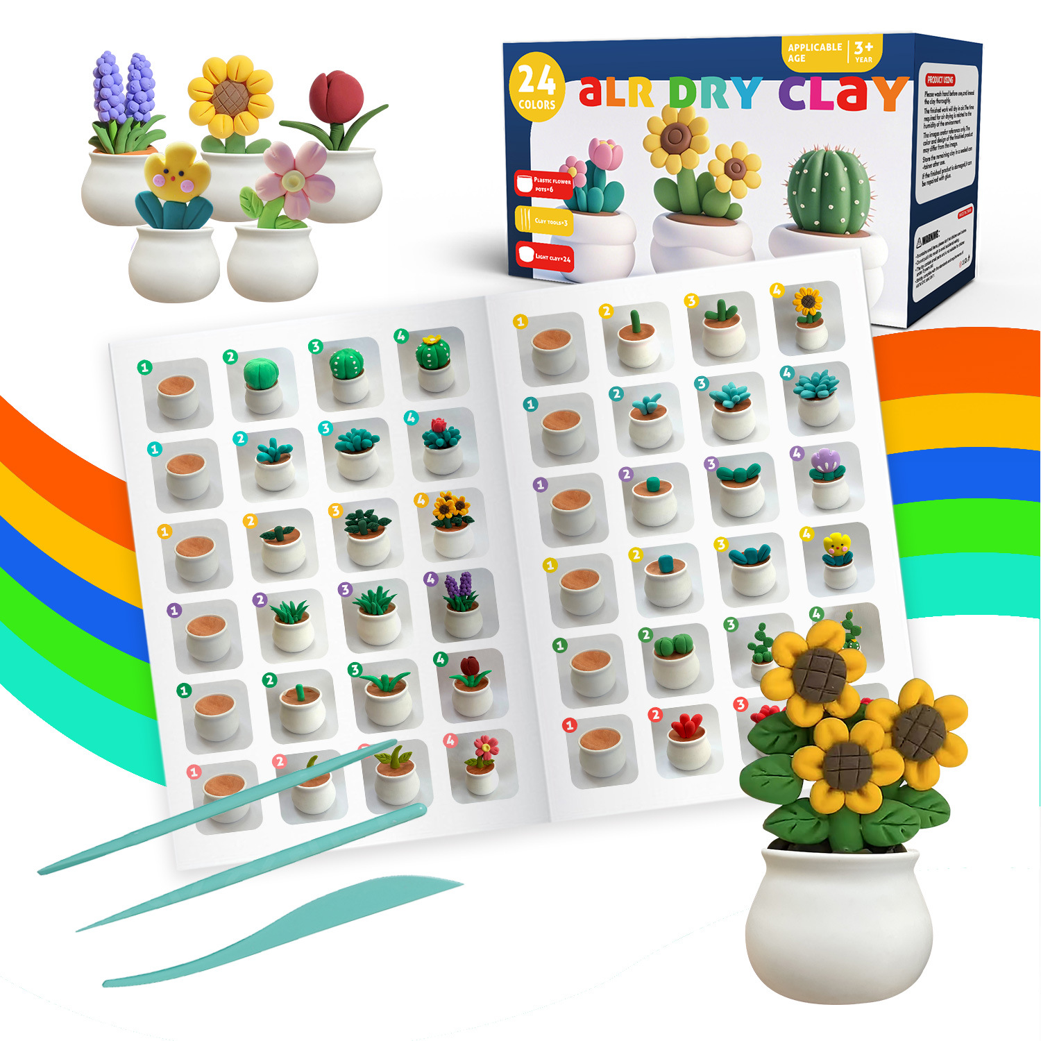 Ultra-light clay DIY potted succulent plant flower children's handicraft tool material package, colored clay plasticine set details Picture
