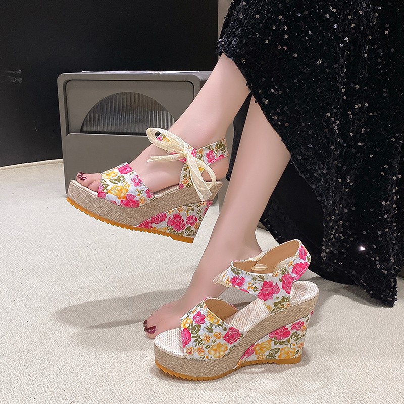 New long-term women's sandals with flat slope and lace fish-mouth Velcro, one-line buckle, muffin and thick sole factory details Picture