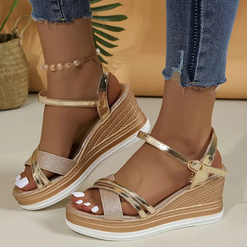 New cross-border sandals 36-43, European and American export wedge heel hollowed-out fish-mouth sandals, European and American fashion buckle sandals Specification drawing