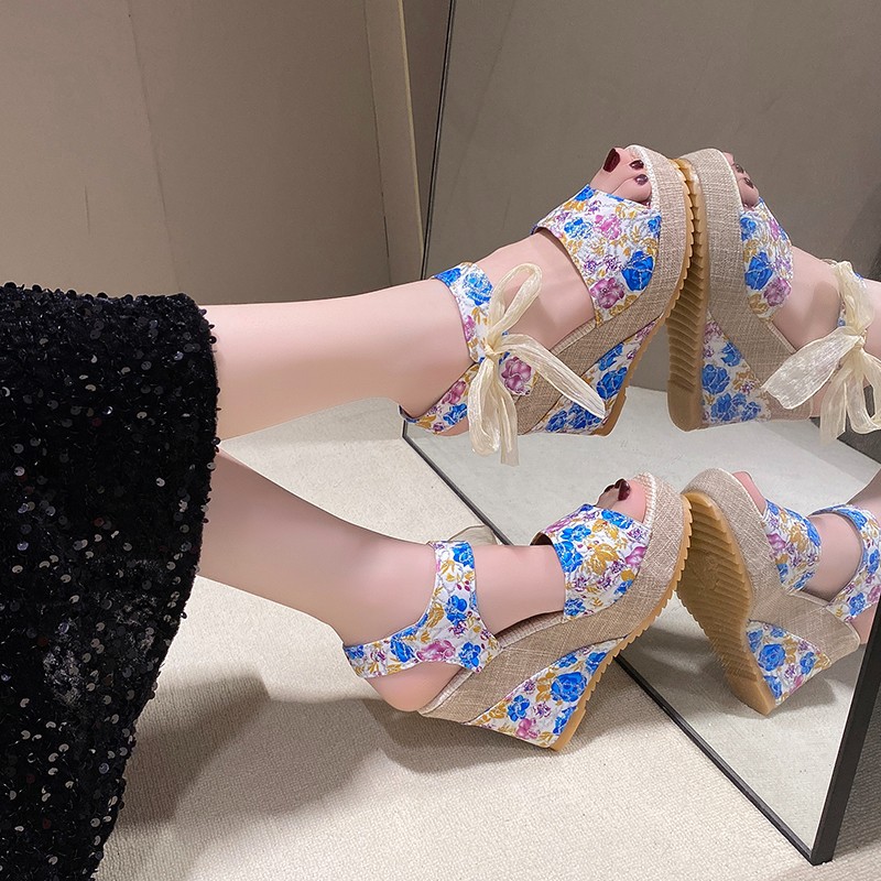 New long-term women's sandals with flat slope and lace fish-mouth Velcro, one-line buckle, muffin and thick sole factory Specification drawing