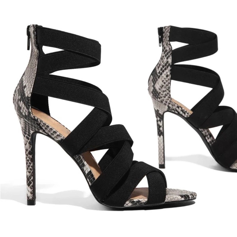 Black in-stock pointed-toe fish-mouth high-heeled, back-zipped women's shoes with cutout elastic, European and American fashion sandals, women's Roman sandals Item Picture