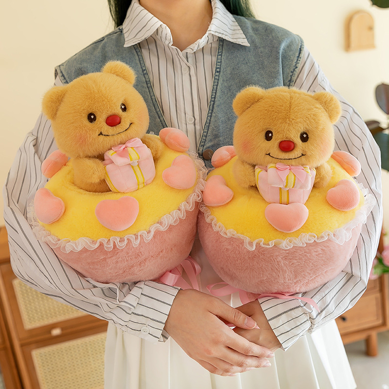 The cute butter bear plush toy doll has been transformed into a flower bouquet pillow plush doll as a gift for the Qixi Festival, May 20th Application Scenario