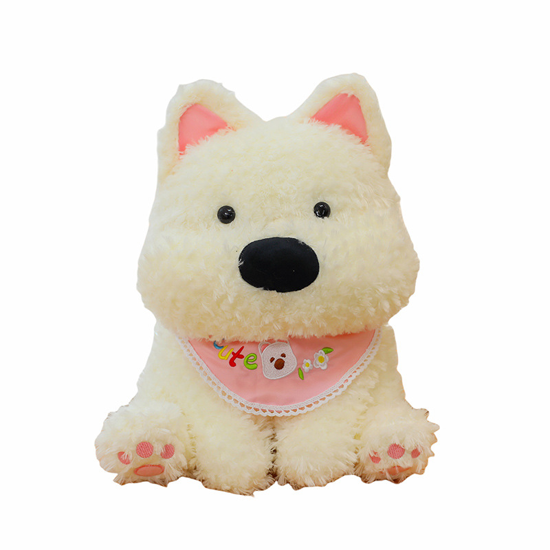 A cute seated West Highland dog plush toy doll, a bib dog doll, as a birthday gift for your boyfriend or girlfriend Item Picture