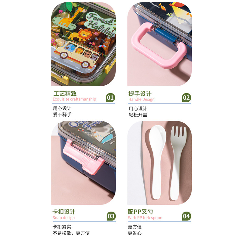 Lunch box for office workers, salad box with compartments and tableware, food-grade plastic cartoon hand-held lunch box for students pic 5