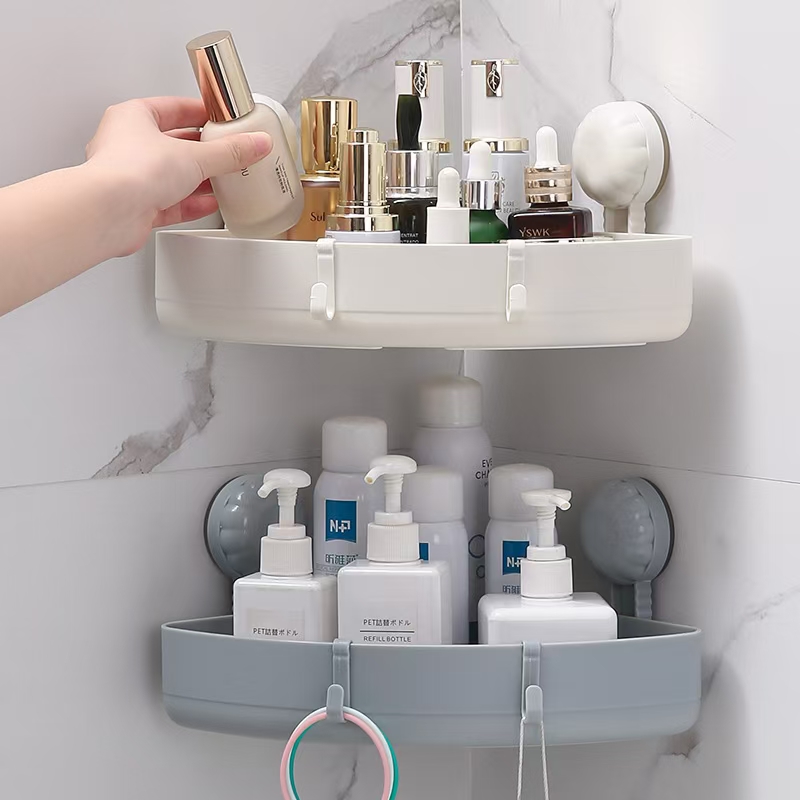 Suction cup triangular storage rack, bathroom wall, bathroom supplies storage rack, non-drilling corner rack, wall-mounted bathroom rack, hat storage rack Application Scenario
