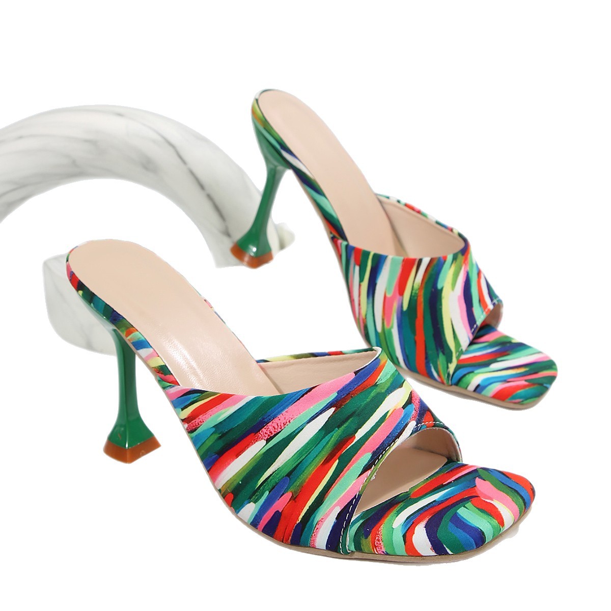 Cross-border European and American plus-size women's shoes 2025 new style fashionable high-heeled flip-flops, fish-mouth graffiti thin-heeled beach sandals Item Picture