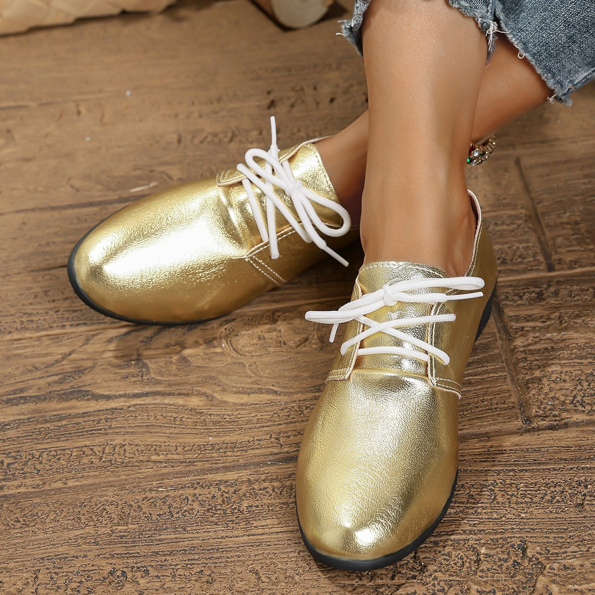 Spring 2025 new Korean-style golden lace-up flat soft sole versatile loafers, low-heeled single shoes, small leather shoes for women Specification drawing
