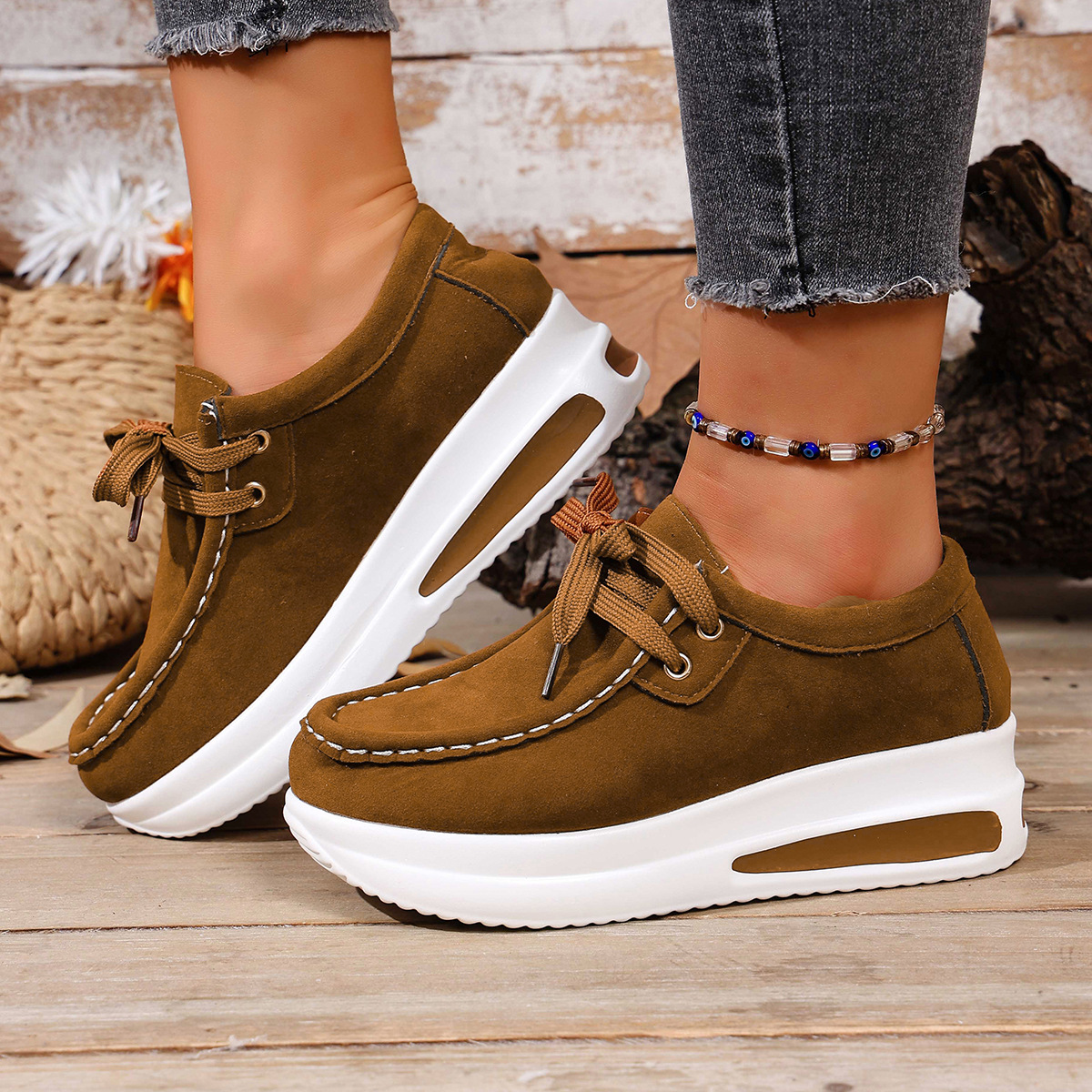 New European and American wedge heel lace-up round toe single shoes for women, independent station AliExpress, foreign trade large-sized lace-up loafers for women details Picture